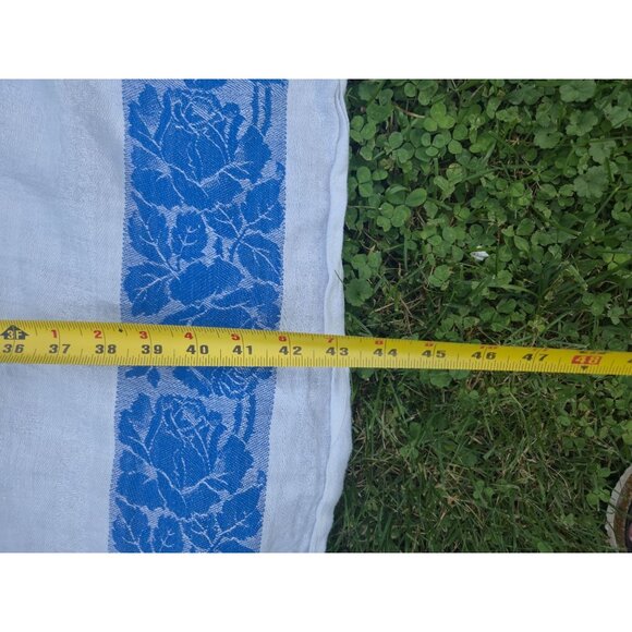 Vintage Tablecloth Floral Leaves Retro table linens Table Cloth blue white 1950s - Picture 7 of 12